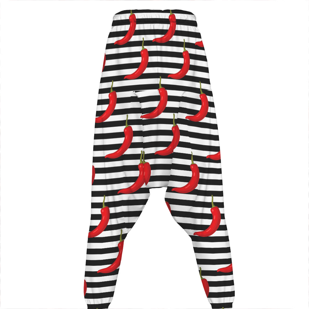 Black And White Striped Chili Print Hammer Pants