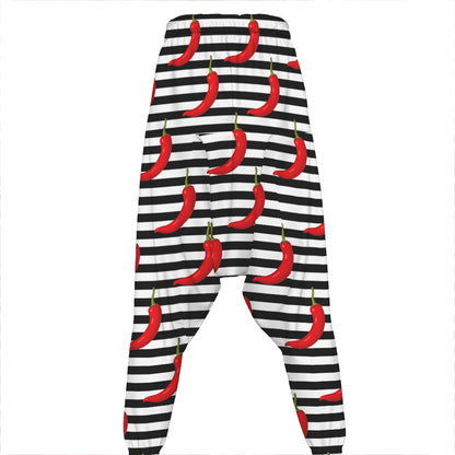 Black And White Striped Chili Print Hammer Pants