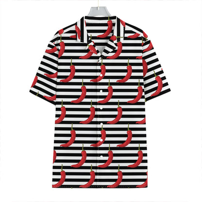 Black And White Striped Chili Print Hawaiian Shirt
