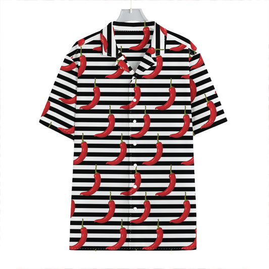 Black And White Striped Chili Print Hawaiian Shirt
