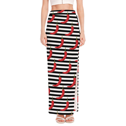Black And White Striped Chili Print High Slit Maxi Skirt