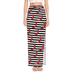Black And White Striped Chili Print High Slit Maxi Skirt