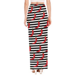 Black And White Striped Chili Print High Slit Maxi Skirt