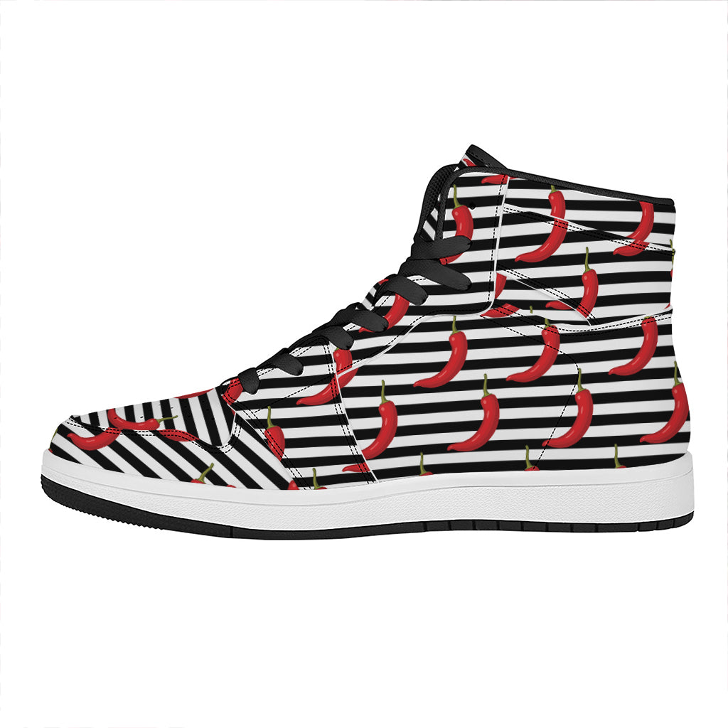 Black And White Striped Chili Print High Top Leather Sneakers