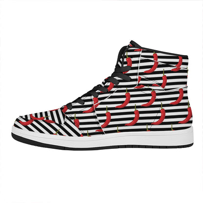Black And White Striped Chili Print High Top Leather Sneakers