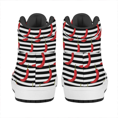 Black And White Striped Chili Print High Top Leather Sneakers