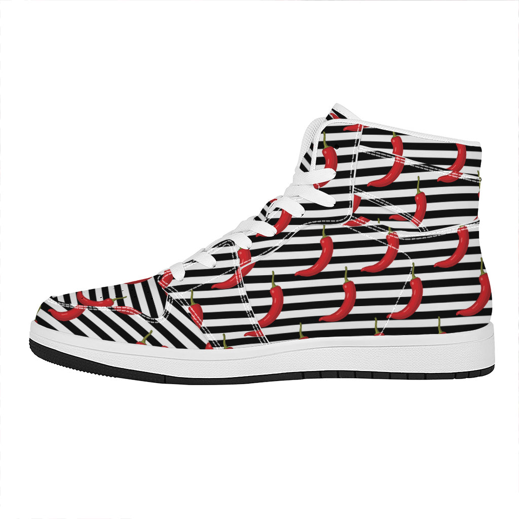 Black And White Striped Chili Print High Top Leather Sneakers