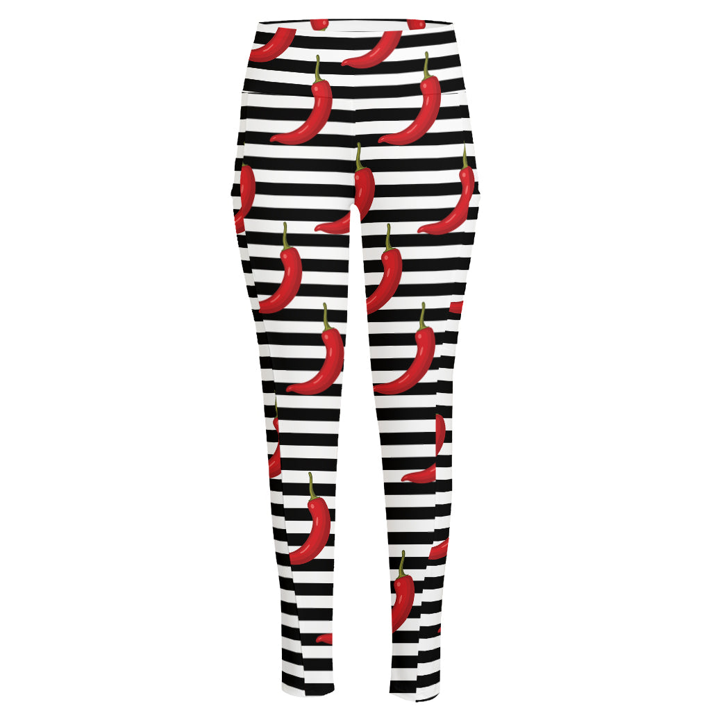 Black And White Striped Chili Print High-Waisted Pocket Leggings