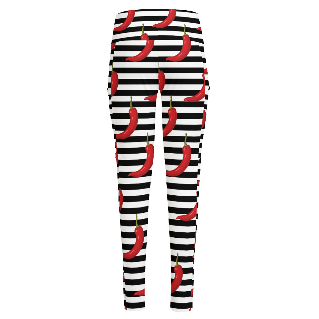Black And White Striped Chili Print High-Waisted Pocket Leggings