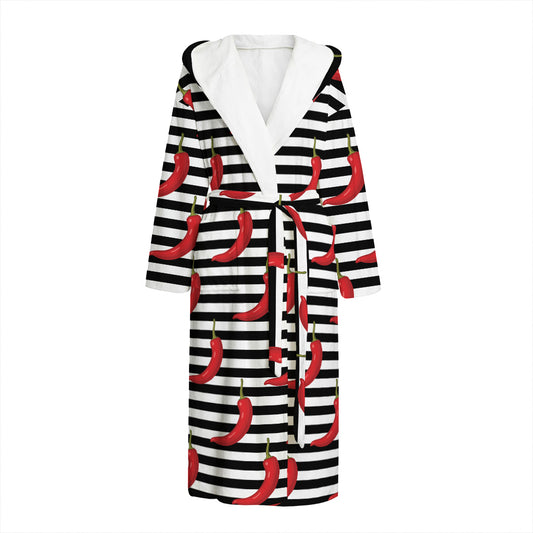 Black And White Striped Chili Print Hooded Bathrobe