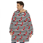 Black And White Striped Chili Print Hoodie Blanket