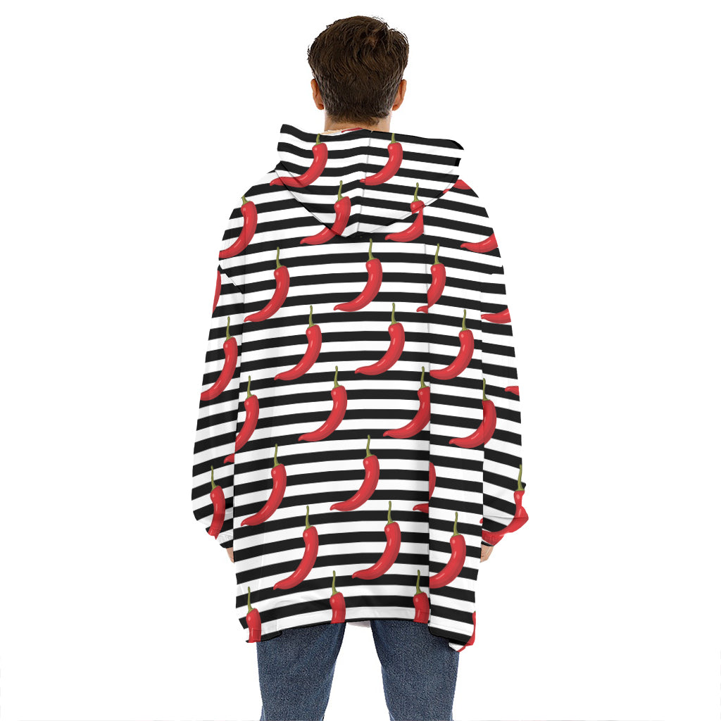 Black And White Striped Chili Print Hoodie Blanket