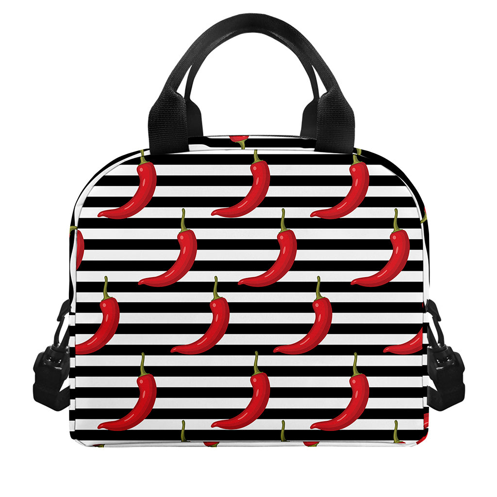 Black And White Striped Chili Print Insulated Lunch Bag