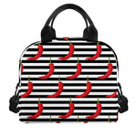 Black And White Striped Chili Print Insulated Lunch Bag