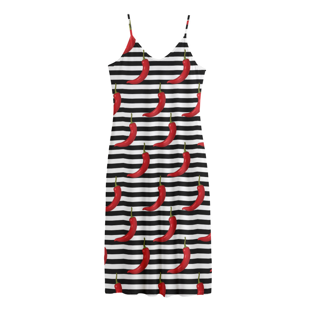 Black And White Striped Chili Print Jersey Midi Cami Dress