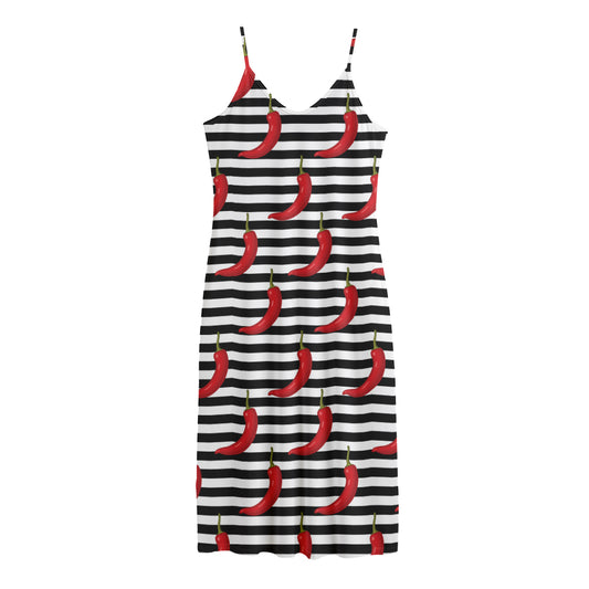 Black And White Striped Chili Print Jersey Midi Cami Dress