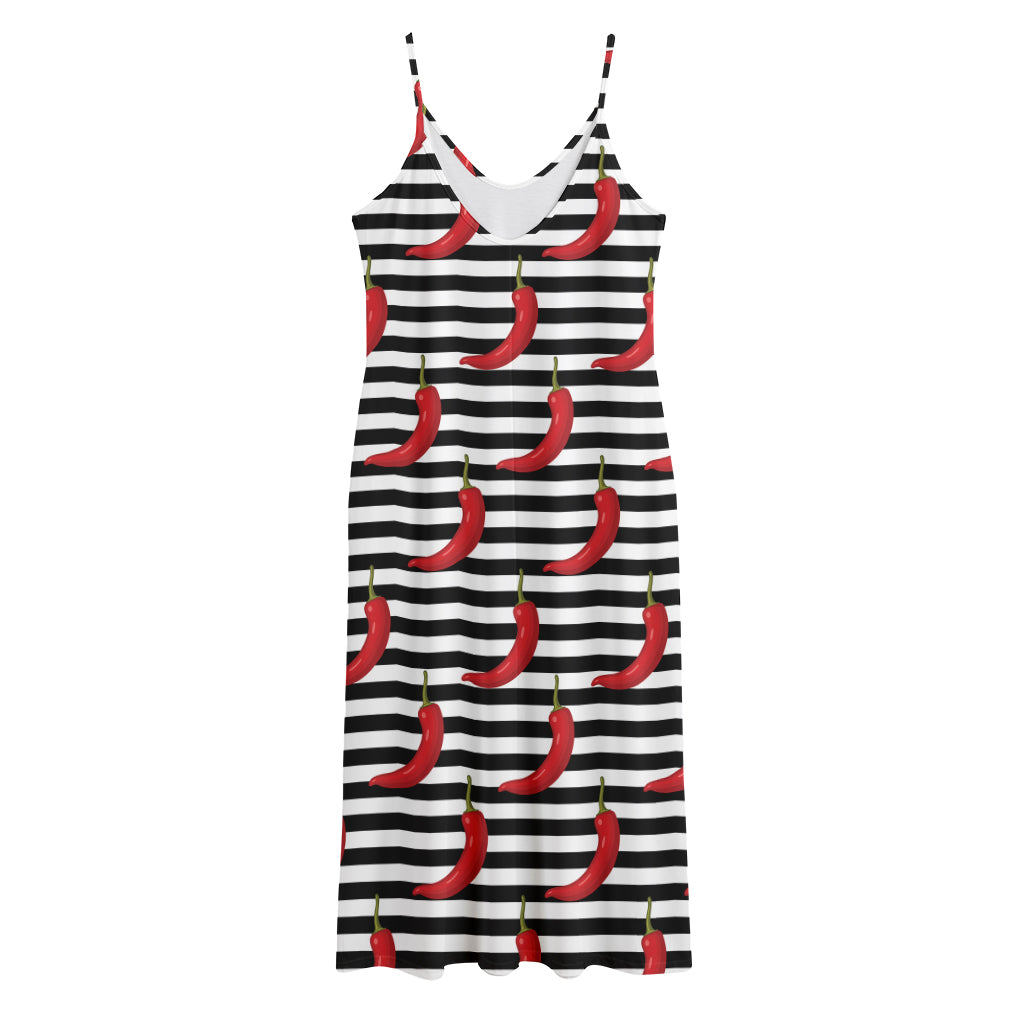 Black And White Striped Chili Print Jersey Midi Cami Dress