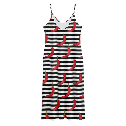 Black And White Striped Chili Print Jersey Midi Cami Dress