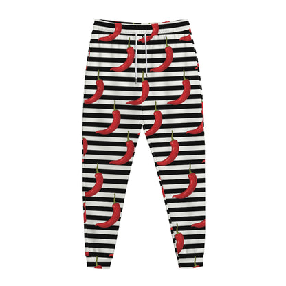Black And White Striped Chili Print Jogger Pants