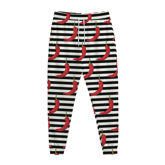 Black And White Striped Chili Print Jogger Pants