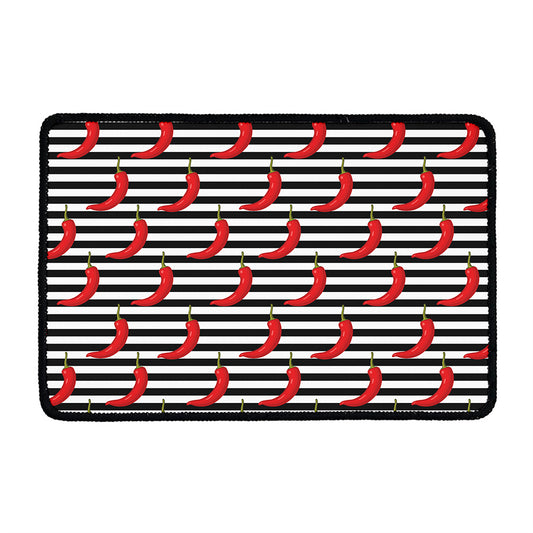 Black And White Striped Chili Print Kitchen Mat