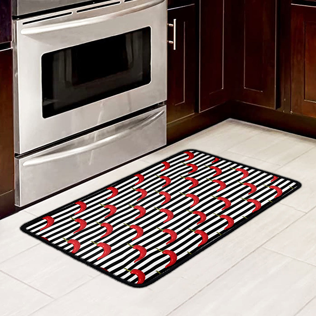 Black And White Striped Chili Print Kitchen Mat