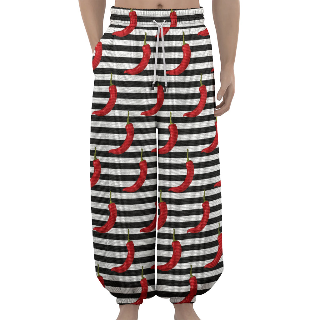Black And White Striped Chili Print Lantern Pants