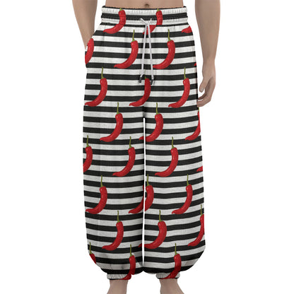 Black And White Striped Chili Print Lantern Pants