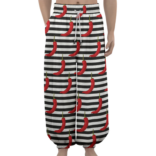 Black And White Striped Chili Print Lantern Pants