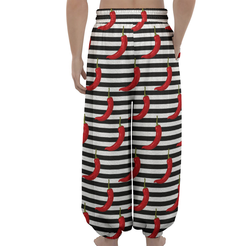 Black And White Striped Chili Print Lantern Pants