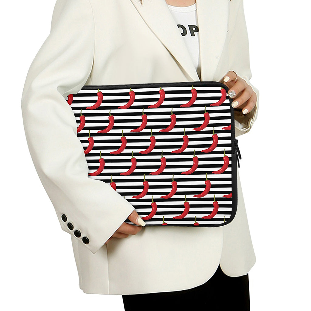 Black And White Striped Chili Print Laptop Sleeve