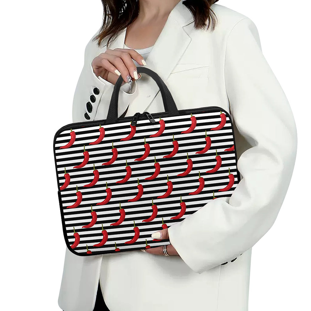 Black And White Striped Chili Print Laptop Sleeve With Handle