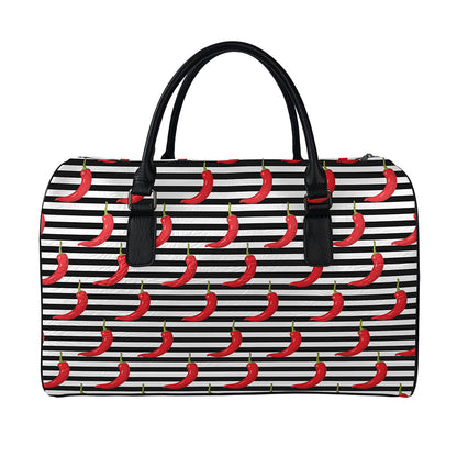 Black And White Striped Chili Print Leather Duffle Bag