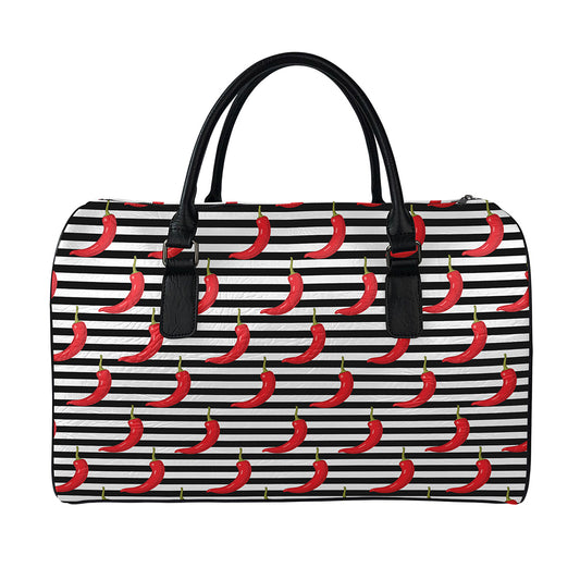 Black And White Striped Chili Print Leather Duffle Bag