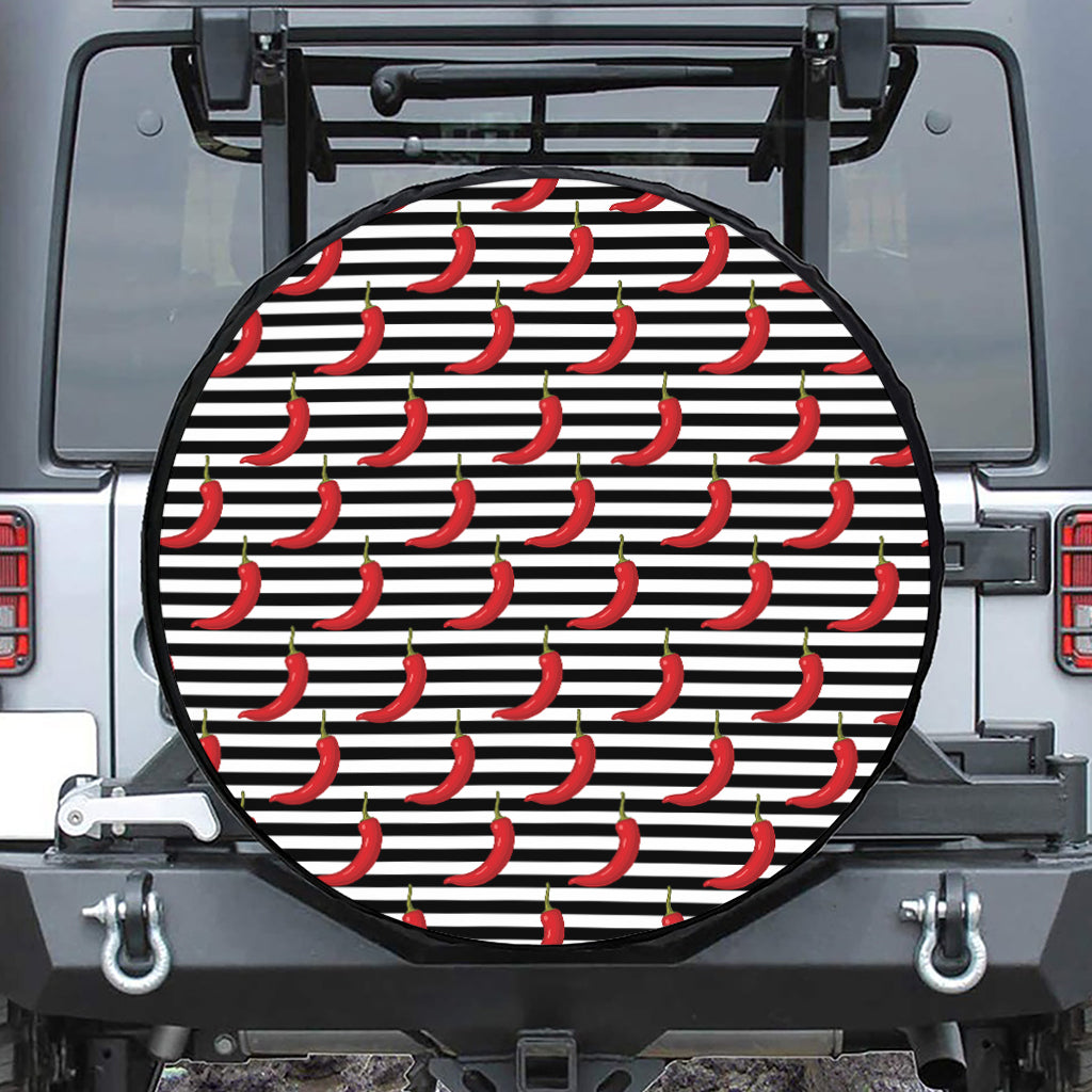 Black And White Striped Chili Print Leather Spare Tire Cover