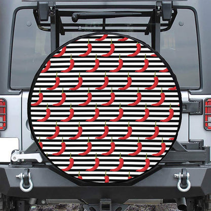 Black And White Striped Chili Print Leather Spare Tire Cover