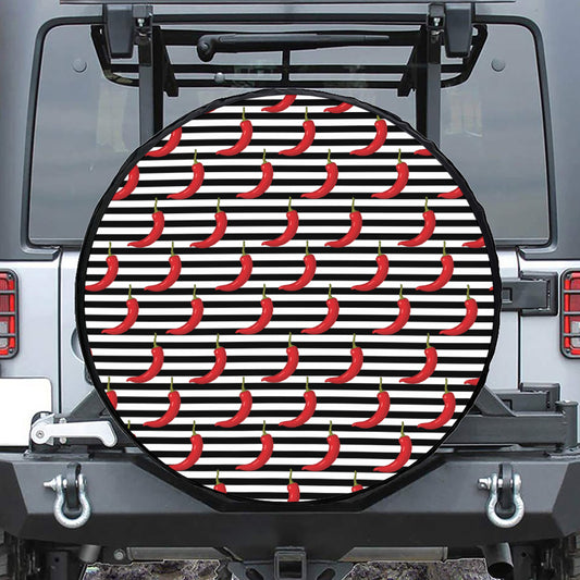 Black And White Striped Chili Print Leather Spare Tire Cover