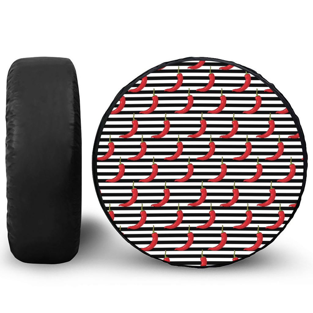 Black And White Striped Chili Print Leather Spare Tire Cover