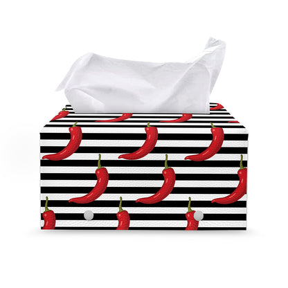Black And White Striped Chili Print Leather Tissue Box Cover