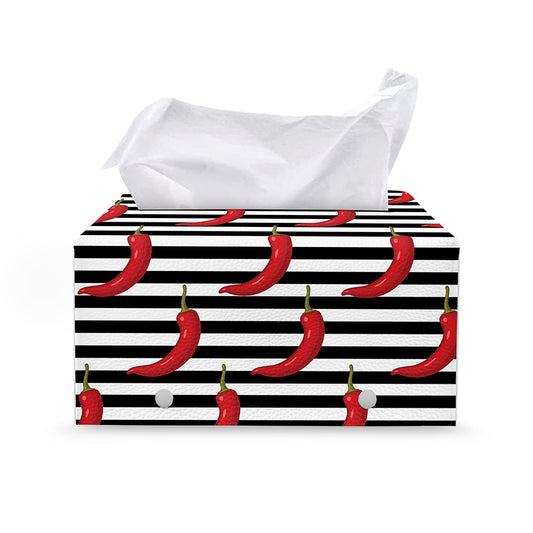 Black And White Striped Chili Print Leather Tissue Box Cover