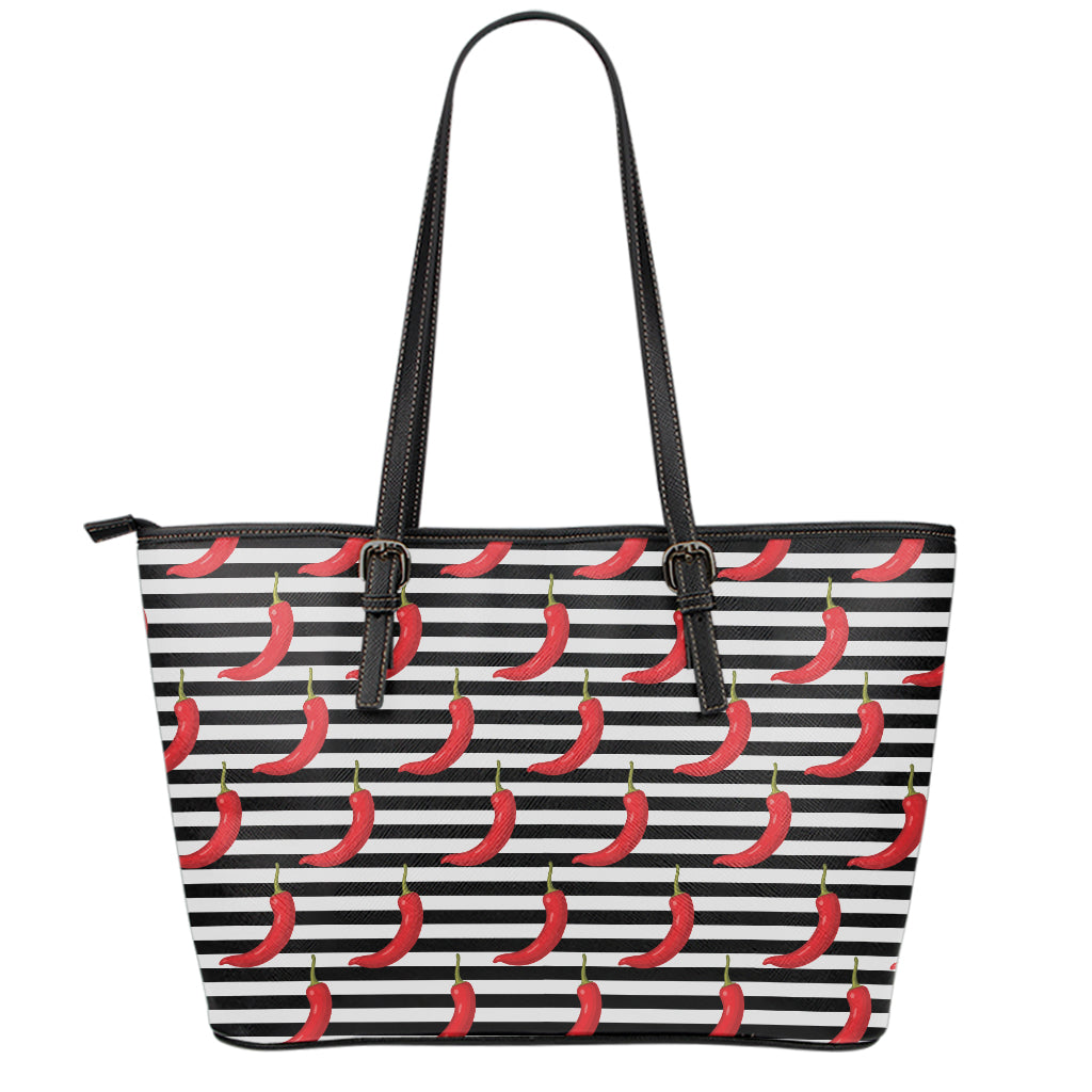 Black And White Striped Chili Print Leather Tote Bag