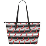 Black And White Striped Chili Print Leather Tote Bag