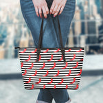 Black And White Striped Chili Print Leather Tote Bag