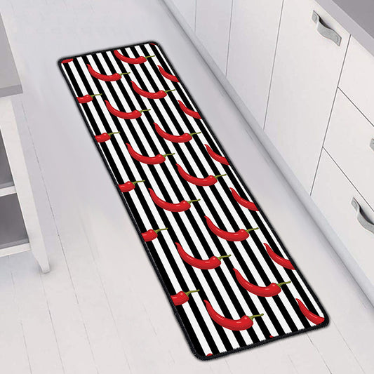 Black And White Striped Chili Print Long Kitchen Mat