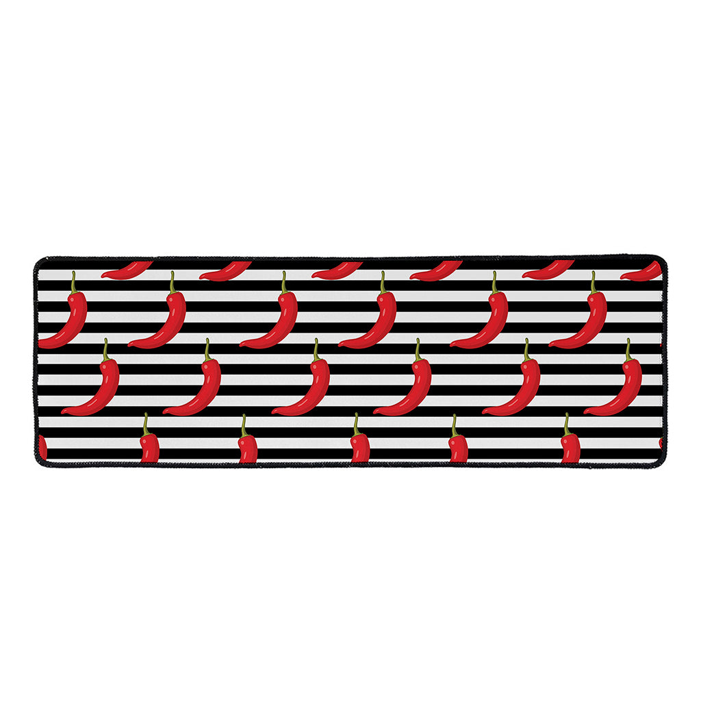 Black And White Striped Chili Print Long Kitchen Mat