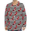 Black And White Striped Chili Print Long Sleeve Baseball Jersey