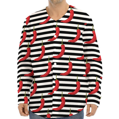 Black And White Striped Chili Print Long Sleeve Baseball Jersey