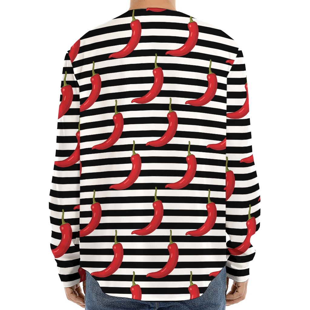 Black And White Striped Chili Print Long Sleeve Baseball Jersey