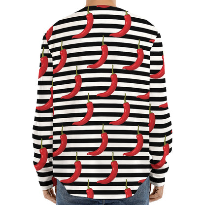 Black And White Striped Chili Print Long Sleeve Baseball Jersey
