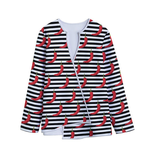 Black And White Striped Chili Print Long Sleeve Short Coat